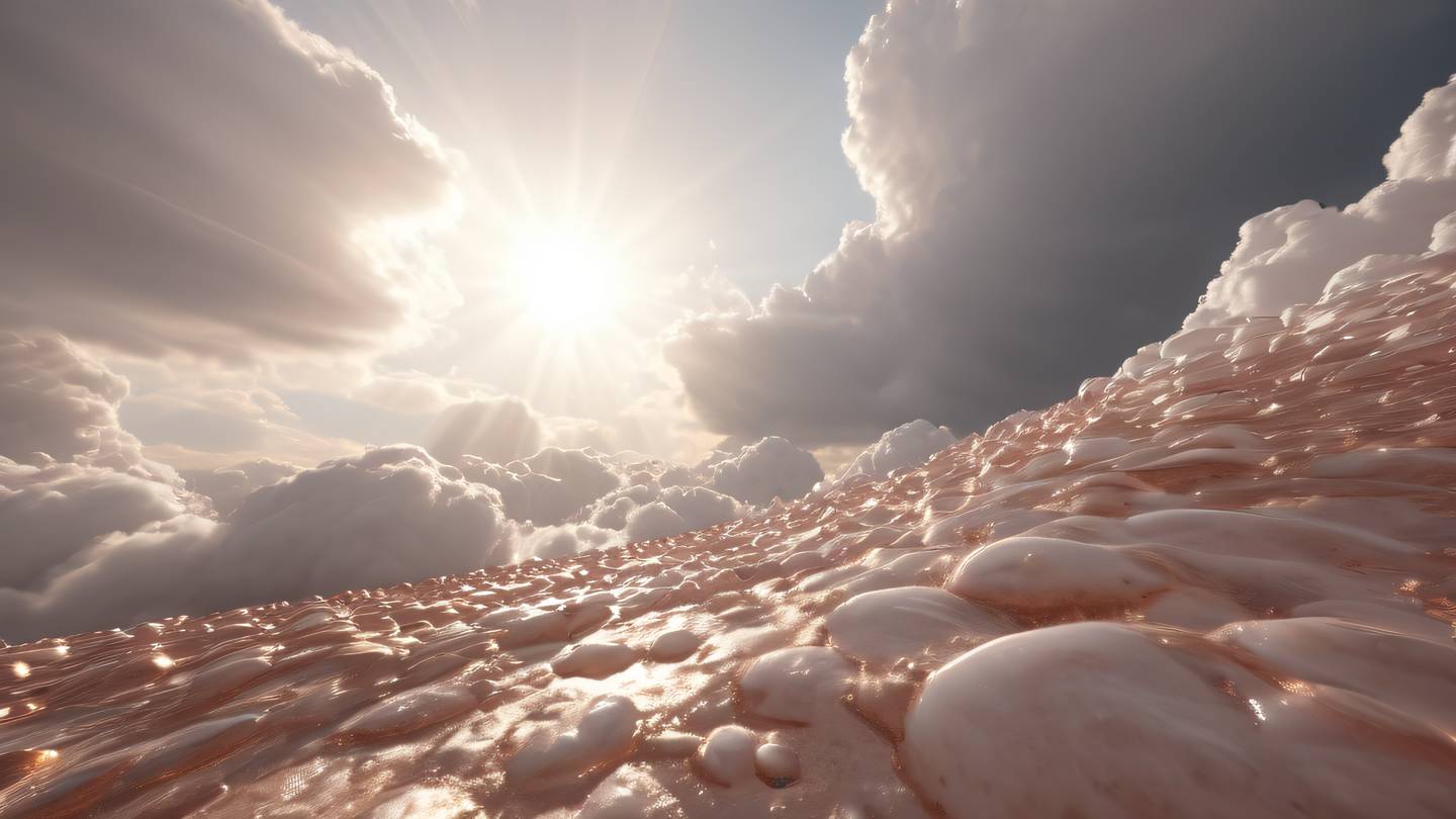 Organic abstract shapes resembling weather patterns and cloud formations. Cloud and light rays texture with stone-like elements. Dominant colors: rose gold and off-white. Camera angle: worm's eye view looking up. Style: high-quality ultra-realistic cinematic 8K UHD high resolution sharp and detail
