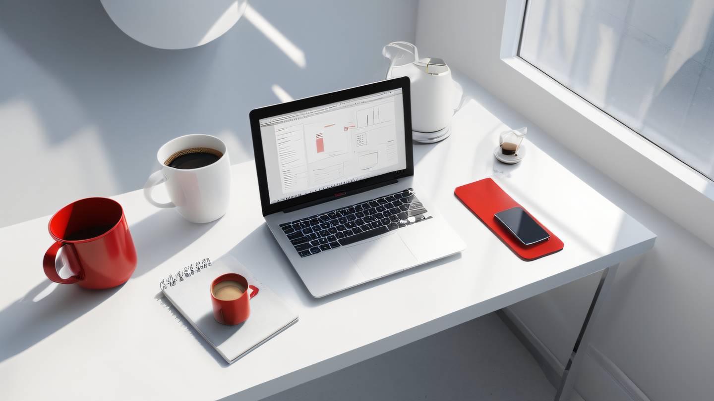 A modern minimalist workspace with scattered development tools and coffee mug viewed from above bathed in natural light streaming through large windows. Colors: crisp white walls with silver metallic accents and pops of bright red. Ultra-realistic cinematic lighting 8K resolution sharp details high-quality rendering