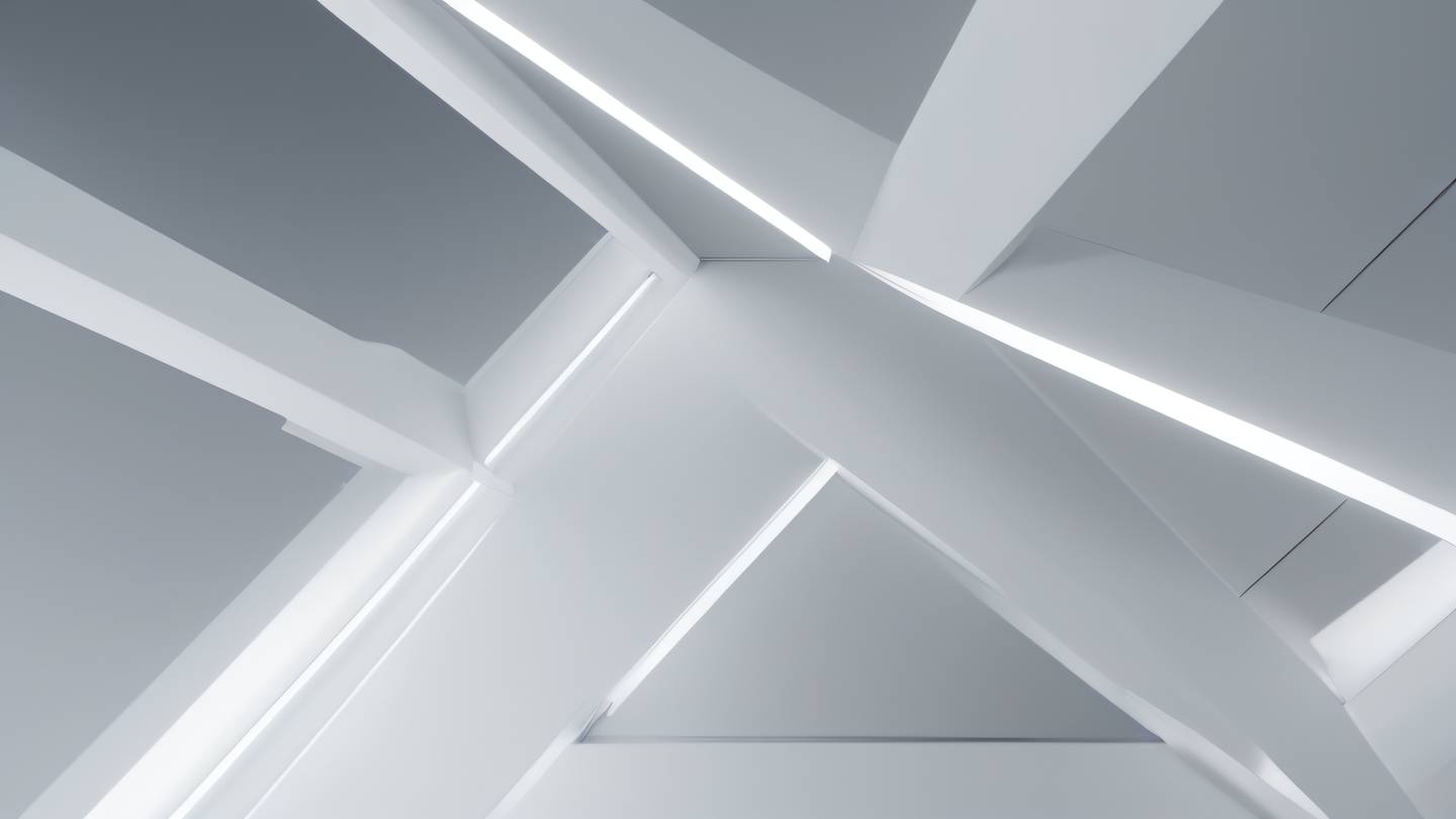 Modern architectural detail of intersecting geometric shapes and clean lines emphasizing structure and form. Colors: brushed silver surfaces meeting pure white planes with subtle shadows captured from an upward angle. High-quality ultra-realistic cinematic 8K UHD high resolution sharp and detailed