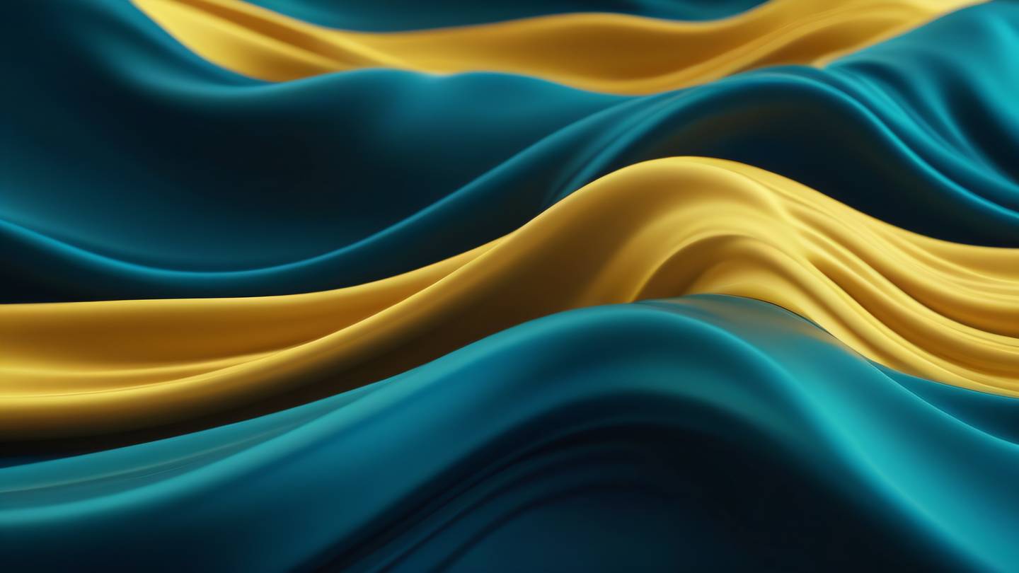 Abstract fluid motion waves in bright teal golden yellow and deep navy colors flowing smoothly like silk fabric in wind captured from side angle with slight tilt high-quality ultra-realistic cinematic 8K UHD high resolution sharp and detail