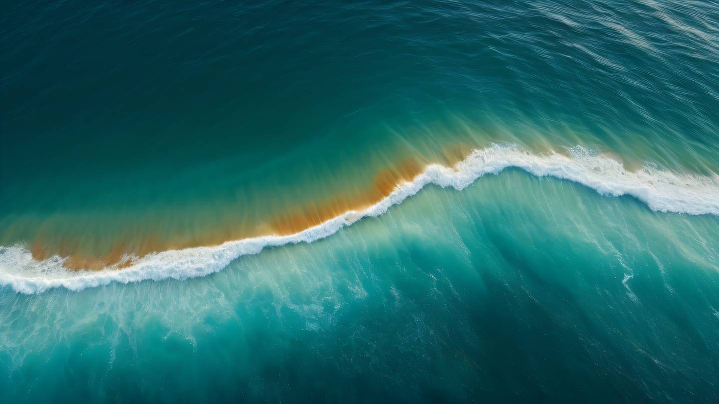 Smooth gradient waves of seafoam green warm amber and steel blue flowing like ocean currents viewed from above aerial perspective with dynamic movement patterns high-quality ultra-realistic cinematic 8K UHD high resolution sharp and detail