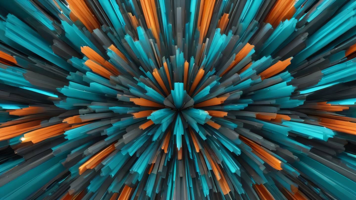 Crystalline geometric shapes in bright turquoise sunburst orange and charcoal grey arranged in motion-like patterns captured from low angle perspective high-quality ultra-realistic cinematic 8K UHD high resolution sharp and detail