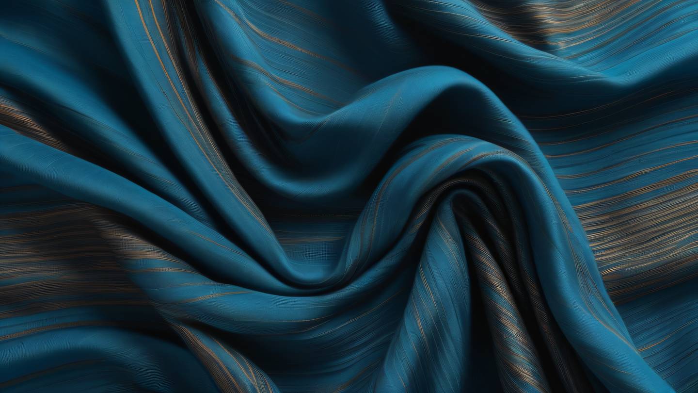 Elegant rippling fabric texture in bright cerulean blue rich bronze and slate gray creating dynamic motion patterns photographed straight down from top view high-quality ultra-realistic cinematic 8K UHD high resolution sharp and detail