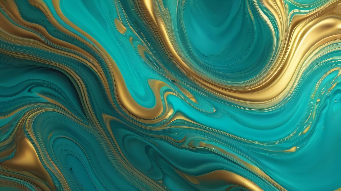 A abstract fluid motion art with flowing liquid elements in bright turquoise and golden colors captured from top-down perspective representing smooth animations and motion high-quality ultra-realistic cinematic 8K UHD high resolution sharp and detail