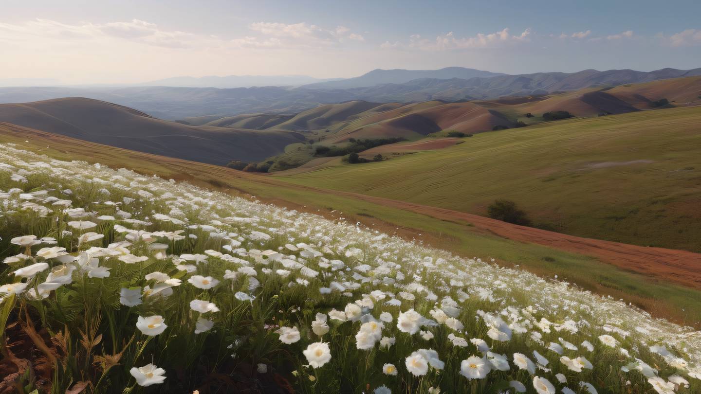 Ethereal landscape of rolling hills covered in white flowers stretching to the horizon rich in Rustic terracotta and amethyst hues in the sky. Captured from an elevated diagonal angle. High-quality ultra-realistic cinematic 8K UHD high resolution sharp and detail