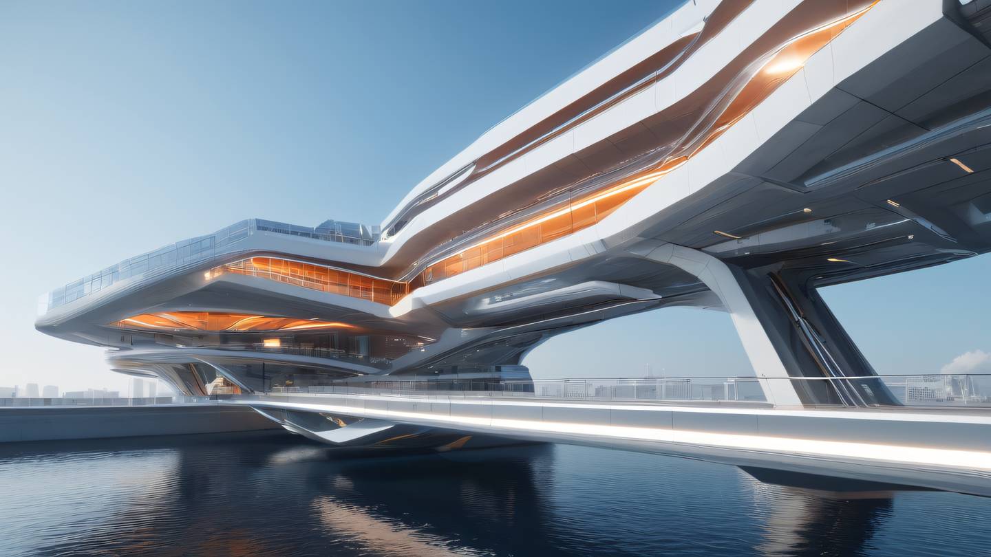 A futuristic floating building with interconnected transparent bridges and pathways featuring sharp geometric shapes and flowing lines predominantly in bright silver and white with orange accent lighting viewed from a low-angle perspective looking up at the structure against a clear sky high-quality ultra-realistic cinematic 8K UHD high resolution sharp and detail