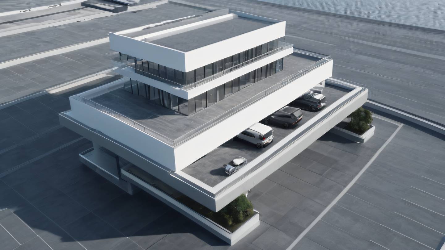 Modern minimalist architectural structure with clean lines and floating platforms featuring a gradient of modern greys with subtle white highlights photographed from a bird's eye view perspective high-quality ultra-realistic cinematic 8K UHD high resolution sharp and detail