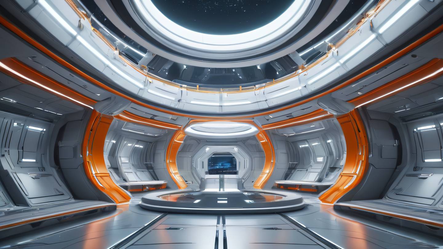 Futuristic space station interior with sweeping curved walls and floating platforms featuring bright silver and orange color scheme with contrasting white lighting elements viewed from a dramatic upward angle showcasing the scale and depth high-quality ultra-realistic cinematic 8K UHD high resolution sharp and detail