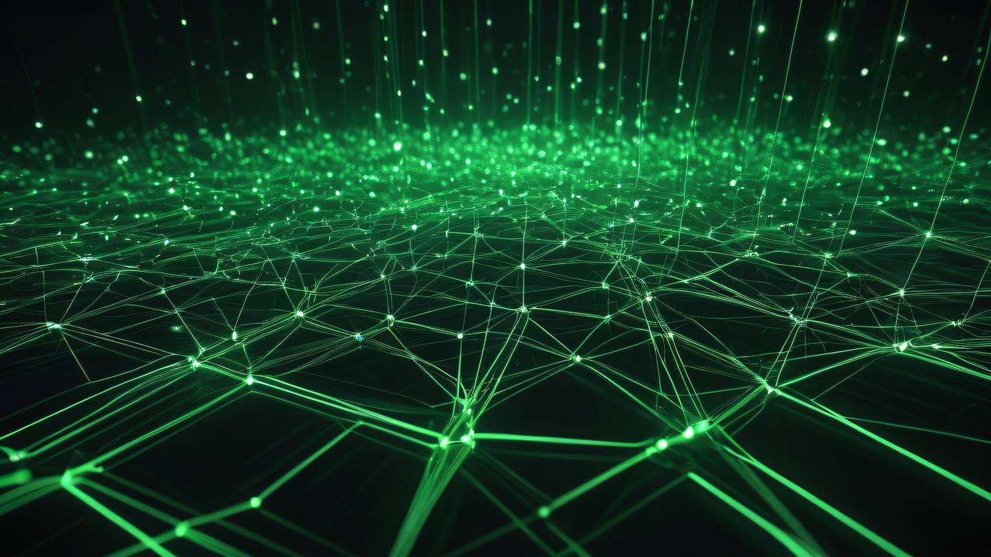 Abstract geometric network visualization with flowing data streams bright green and black color palette floating 3D nodes connected by light beams ultra-realistic cinematic 8K UHD high resolution sharp details bird's eye view shot