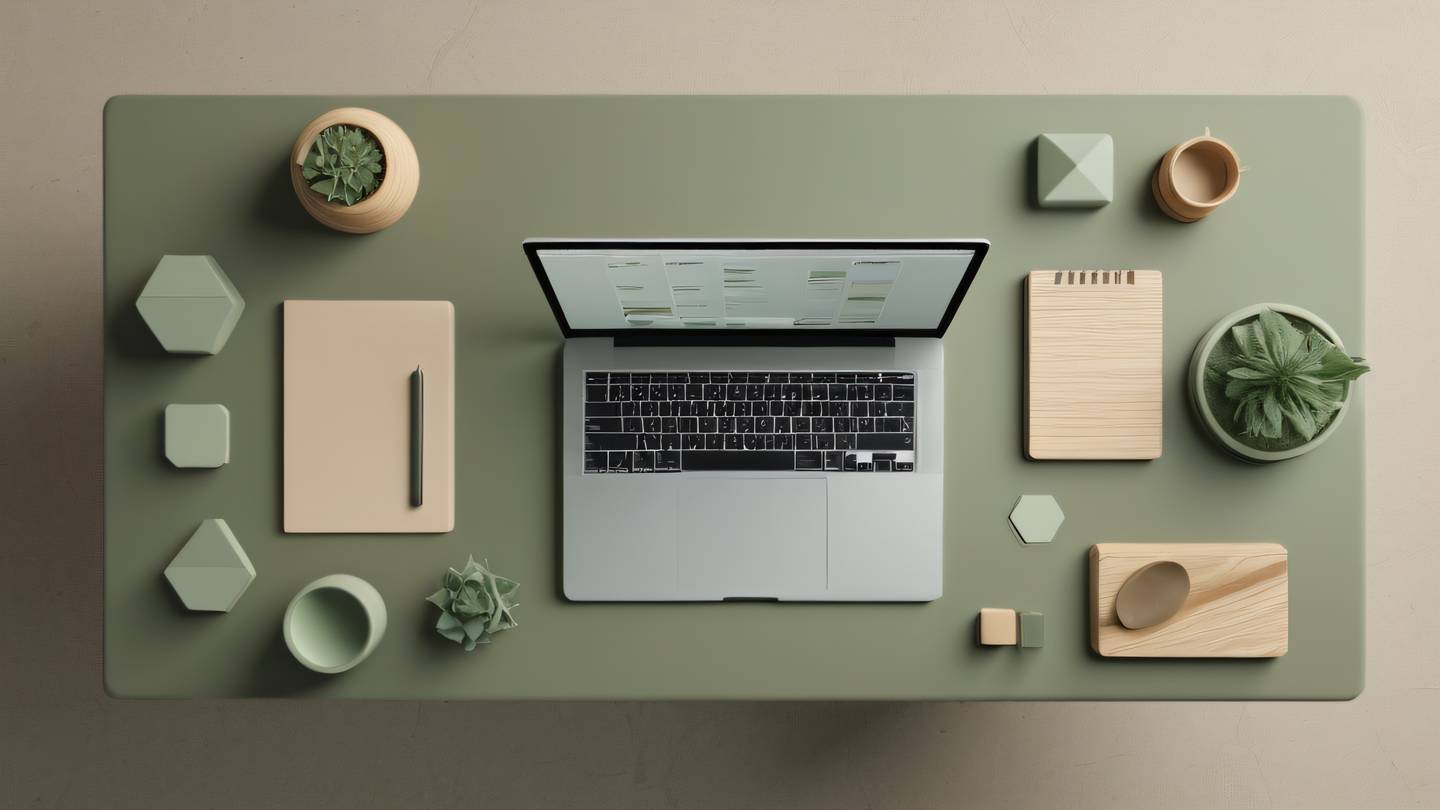 A serene and organized workspace with floating geometric shapes representing debugging tools viewed from above featuring natural earth tones of sage green and warm beige ultra-realistic cinematic 8K high resolution sharp detail