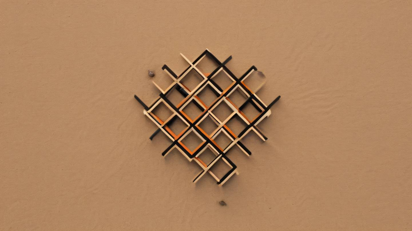 A minimalist composition of interconnected geometric shapes symbolizing problem-solving patterns captured from a bird's eye view in sand and black colors with subtle orange highlights high-quality ultra-realistic 8K UHD