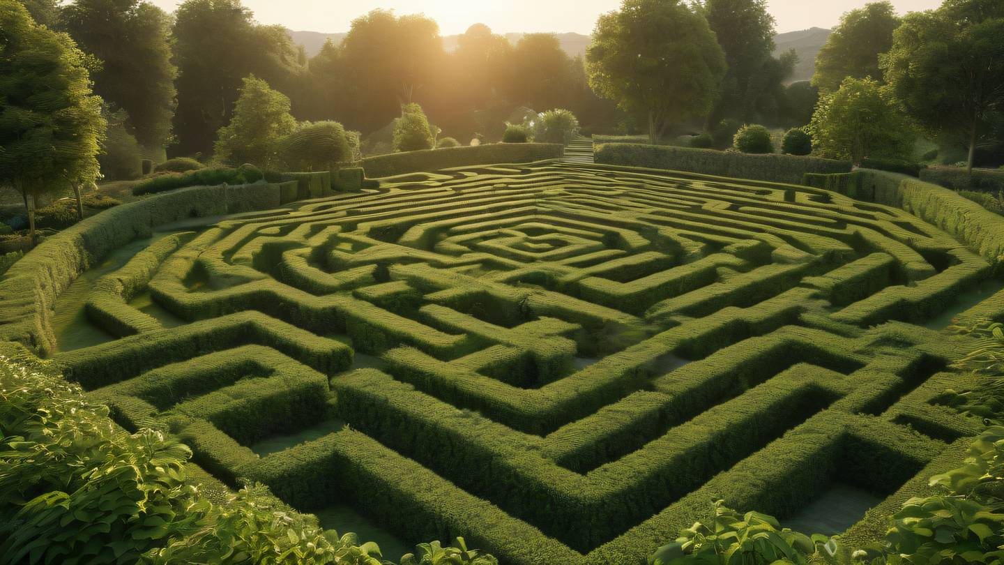 A peaceful garden scene with debugging-inspired maze patterns integrated naturally into the landscape photographed during golden hour from a 45-degree angle featuring neutral tones with subtle natural green accents high-quality ultra-realistic cinematic 8K sharp detail