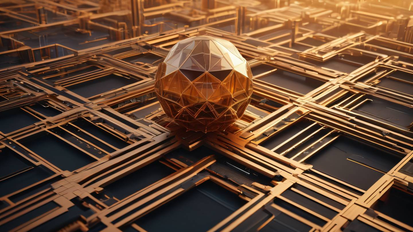 Modern abstract security architecture with interconnected geometric shapes warm golden and copper tones floating in space captured from an aerial view high-quality ultra-realistic cinematic 8K UHD high resolution sharp and detail