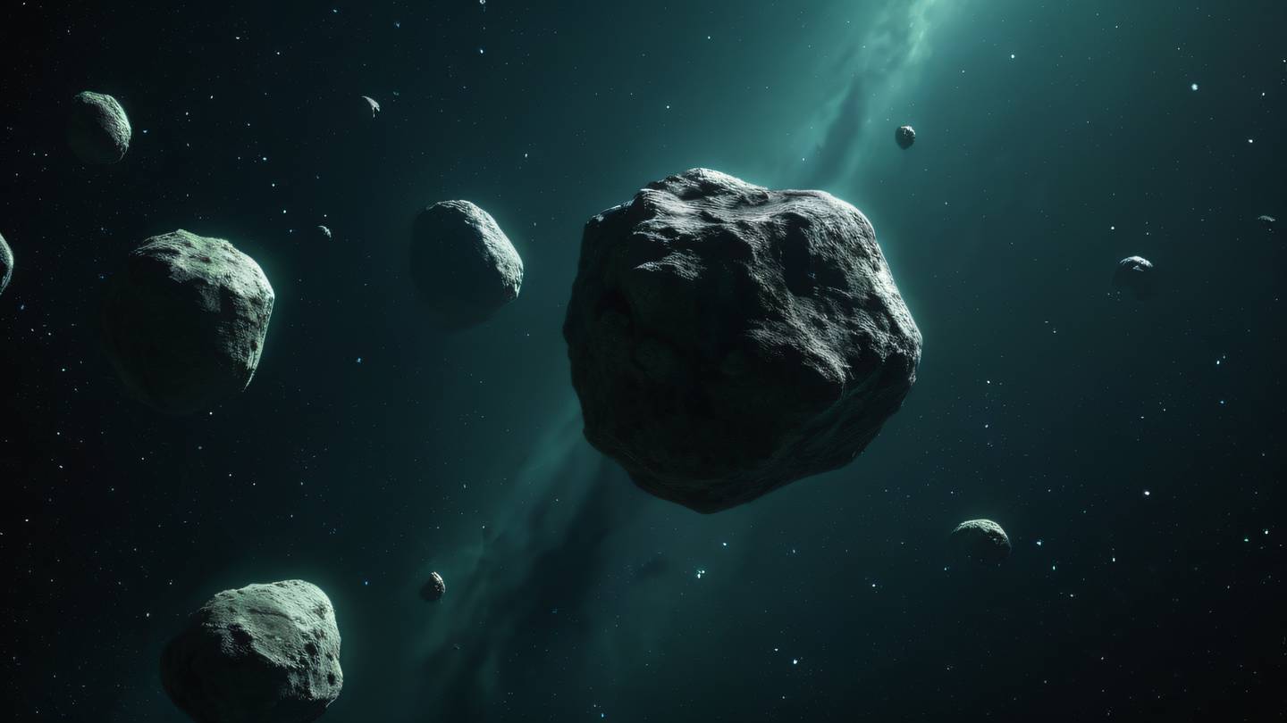 Rocky asteroids floating in deep space illuminated by distant stars rendered in forest green and black color palette with subtle highlights. Captured from a dutch angle perspective high-quality ultra-realistic cinematic 8K UHD high resolution sharp and detail