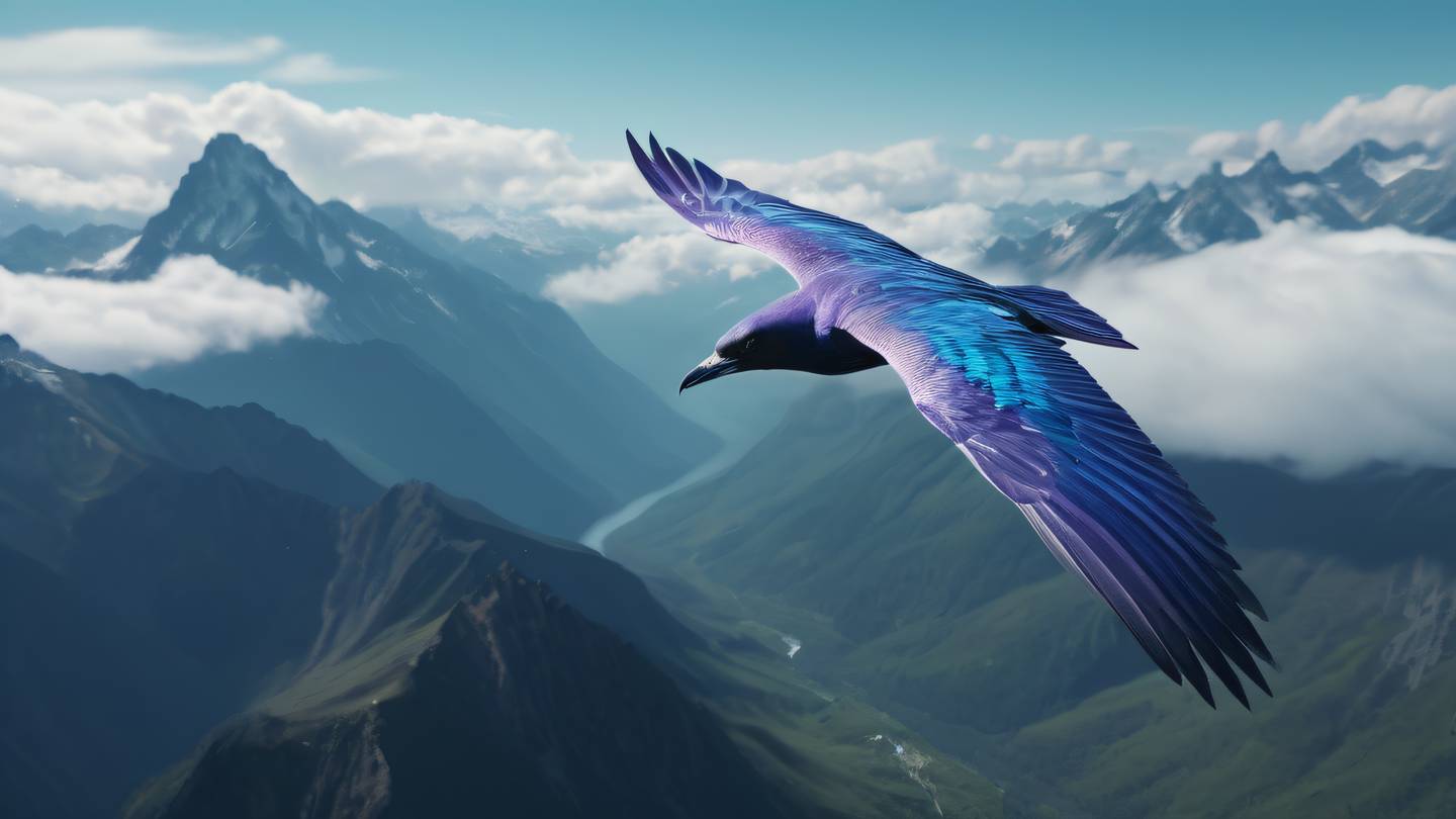 A majestic bird soaring through a dramatic environment of mountain peaks and clouds painted in bold Amethyst and Turquoise blue colors. Photographed from a birds-eye perspective high-quality ultra-realistic cinematic 8K UHD high resolution sharp and detail