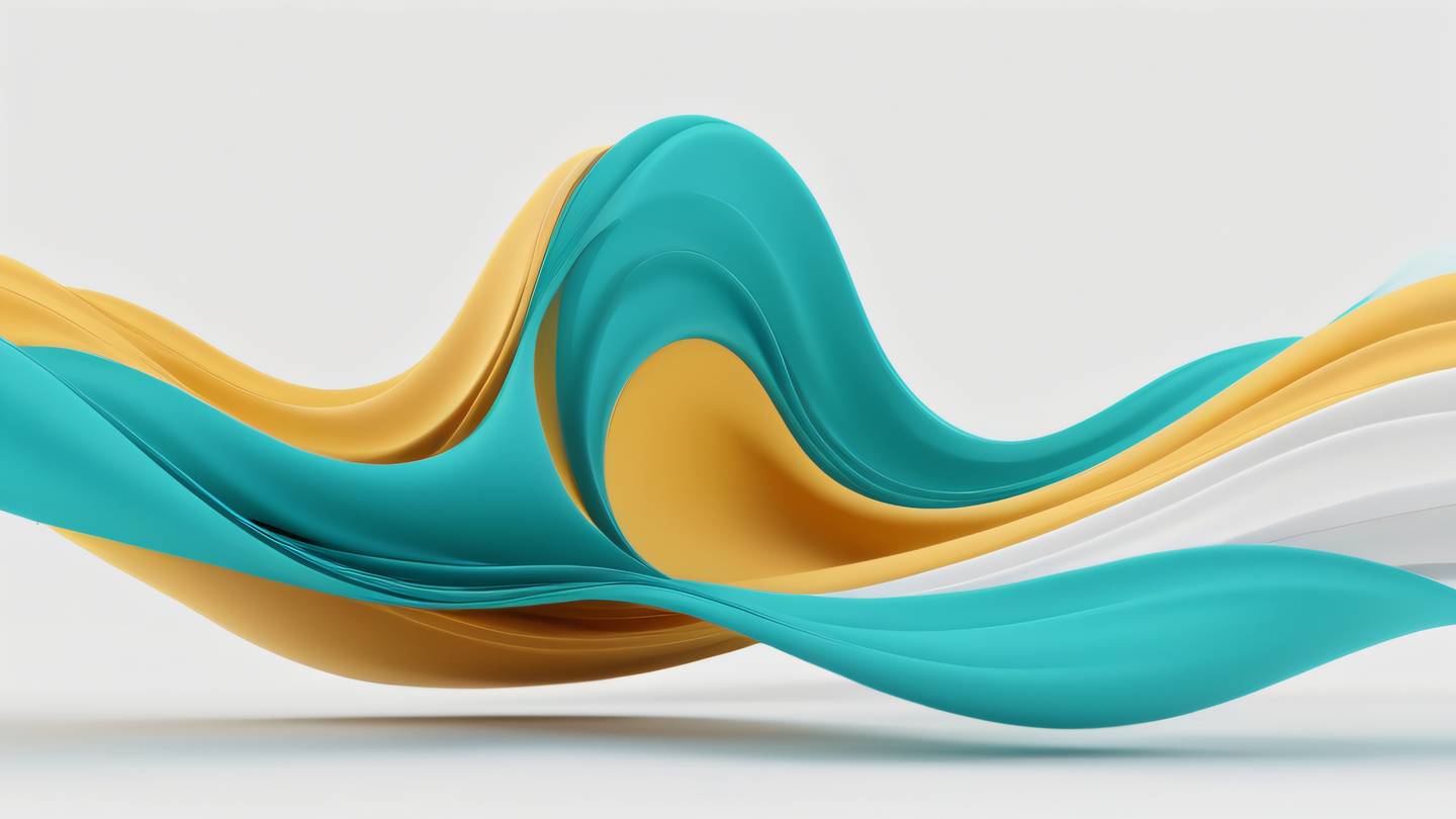 Abstract flowing waves of teal and butterscotch yellow intertwining in smooth curves representing data flow and state management ultra-realistic cinematic 8K UHD high resolution sharp detail low angle shot looking up at the flowing forms against a clean white background