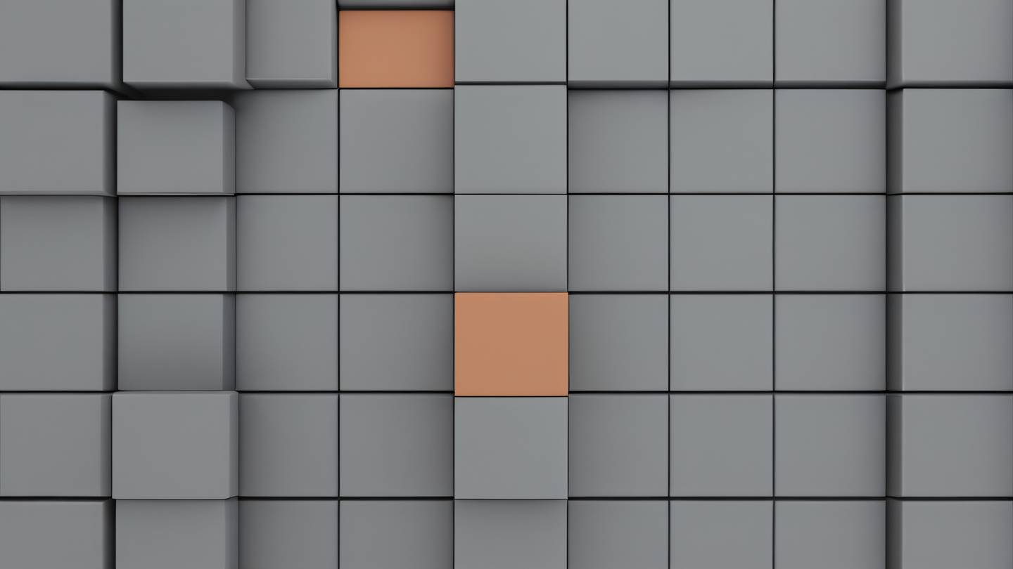 Minimalist geometric composition featuring interlocking grey and clay-colored shapes forming an organized grid pattern representing structure and organization high-quality ultra-realistic cinematic 8K UHD high resolution sharp detail top-down aerial view