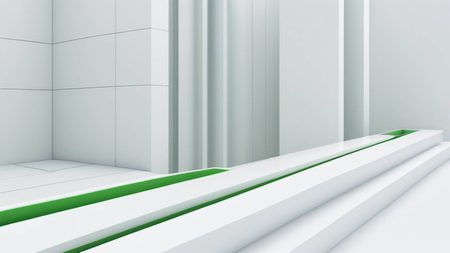 Architectural abstract featuring clean lines and bold green geometric shapes against white background suggesting structure and flow ultra-realistic cinematic 8K UHD high resolution sharp detail diagonal perspective shot