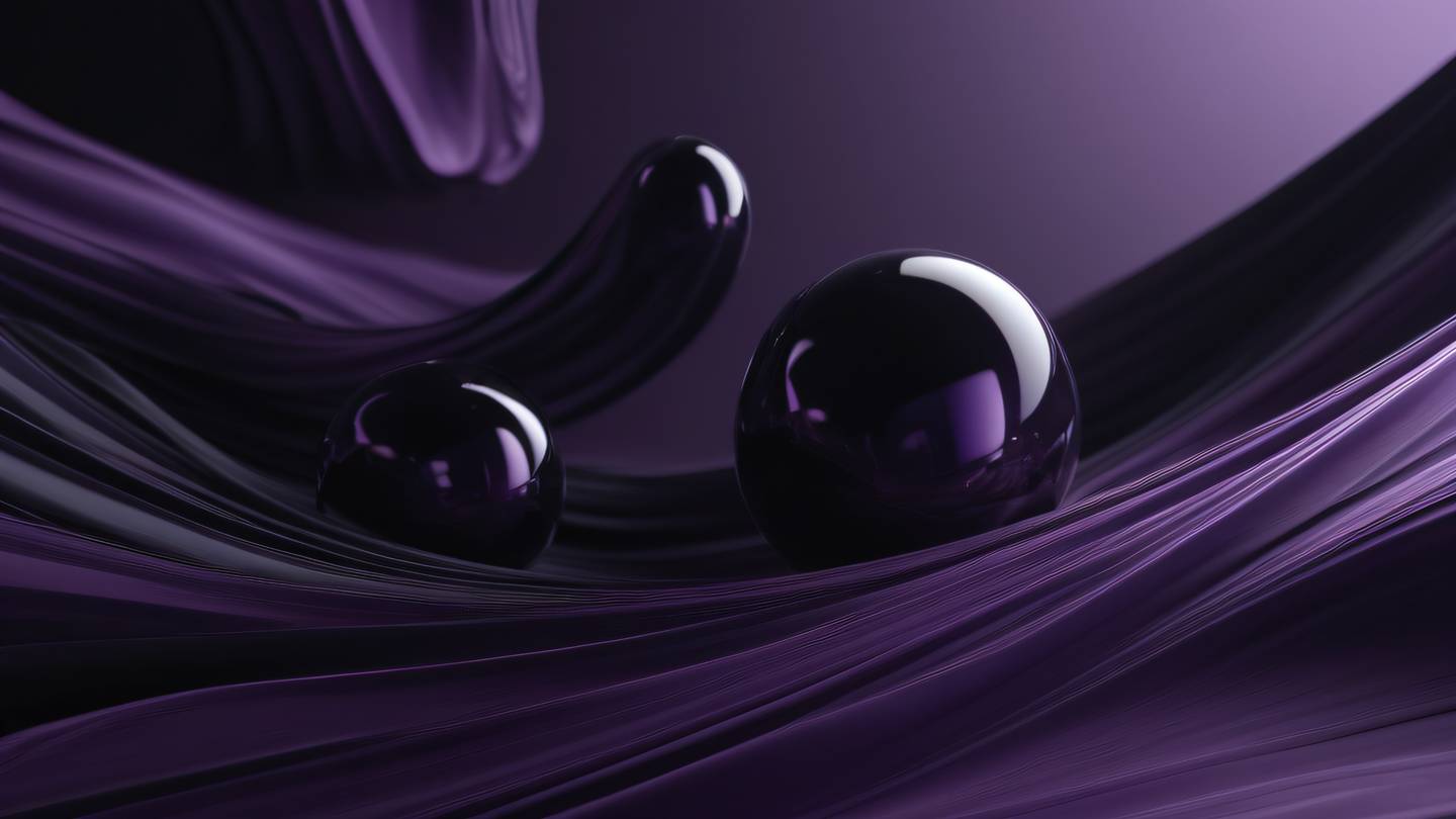 Modern abstract composition with flowing black and amethyst shapes creating dynamic movement patterns representing harmony and balance ultra-realistic cinematic 8K UHD high resolution sharp detail wide angle frontal view