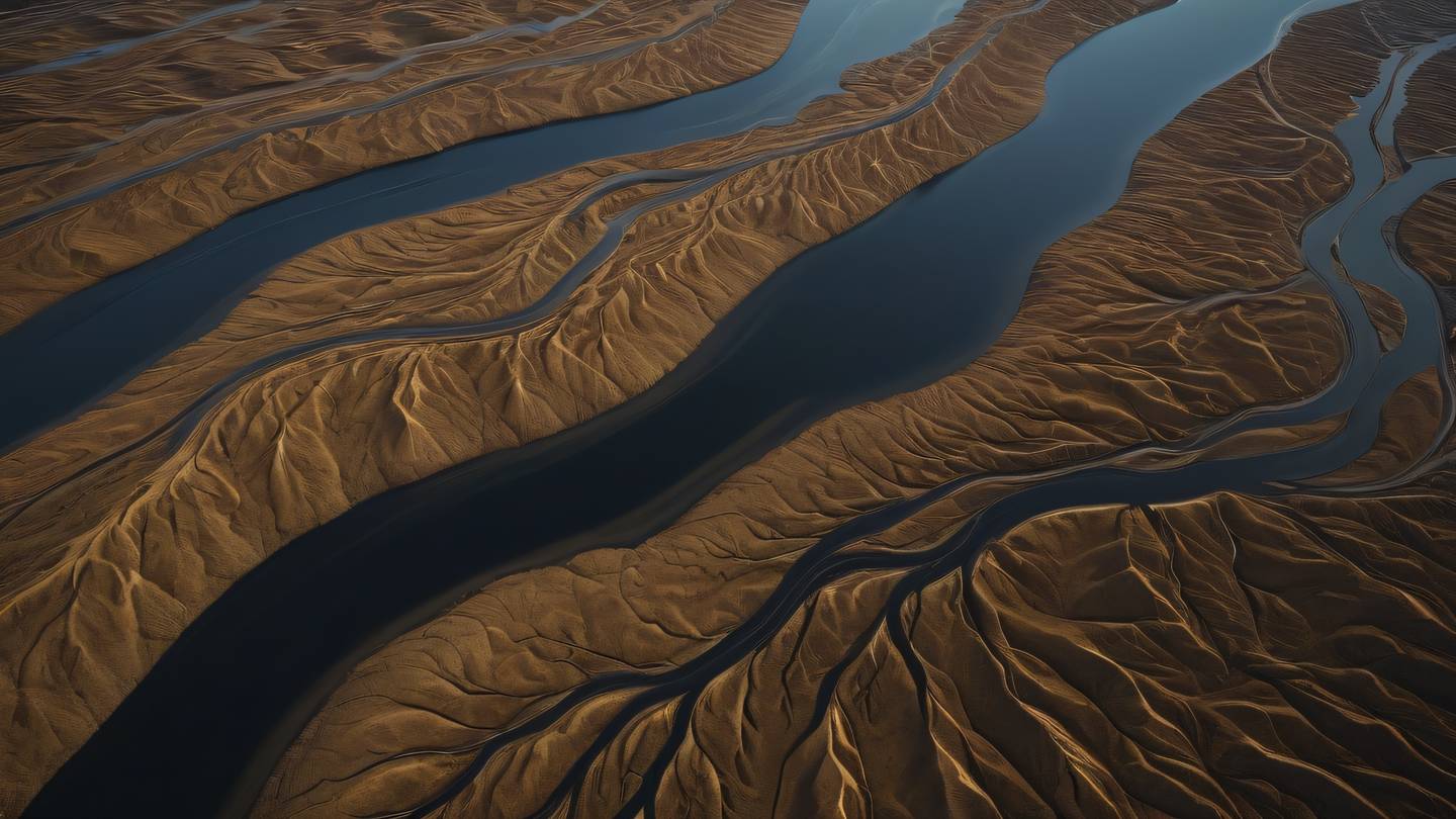 Smooth flowing river patterns viewed from above representing adaptable design flow rendered in Dark Academia browns and golds aerial view from directly above high-quality ultra-realistic cinematic 8K UHD high resolution sharp and detail