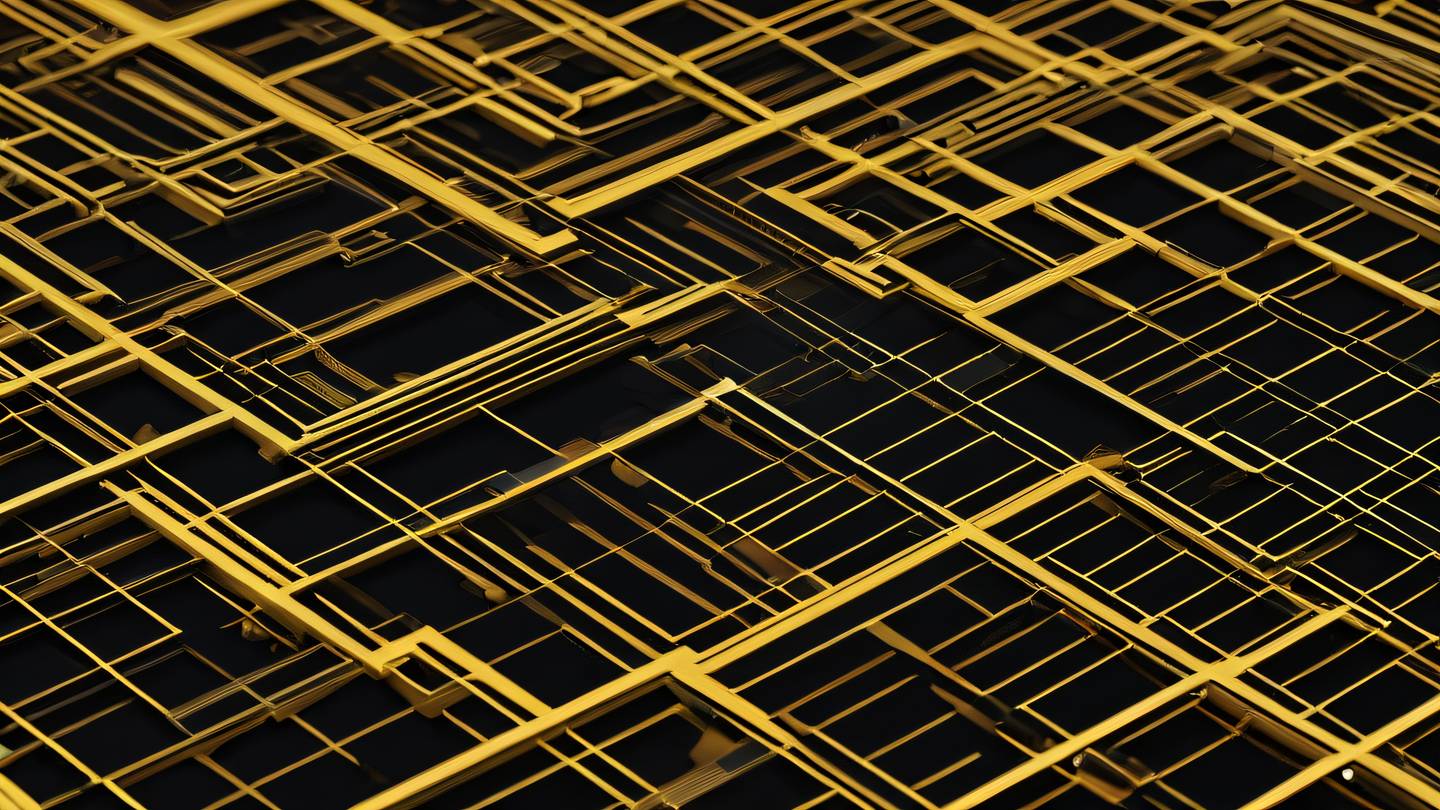 Abstract geometric patterns representing data flow and validation featuring butterscotch yellow and black colors with sharp lines and nodes captured from an isometric angle high-quality ultra-realistic cinematic 8K UHD high resolution sharp and detail