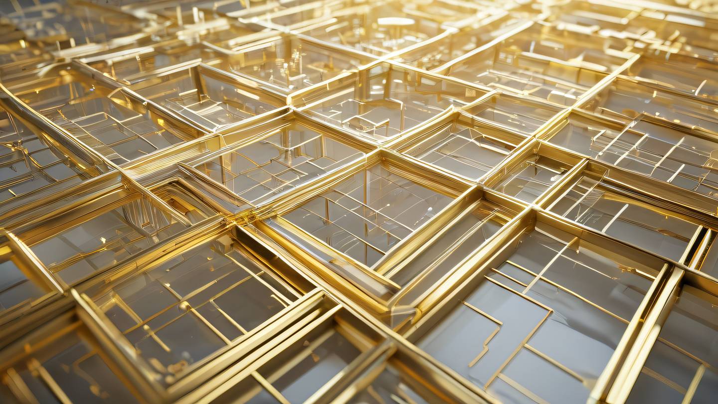 A modern abstract representation of interconnected geometric shapes and flowing lines depicting software testing concepts using bright gold and white color palette sharp crystalline structures catching light camera angle: straight on view high-quality ultra-realistic cinematic 8K UHD high resolution sharp and detail
