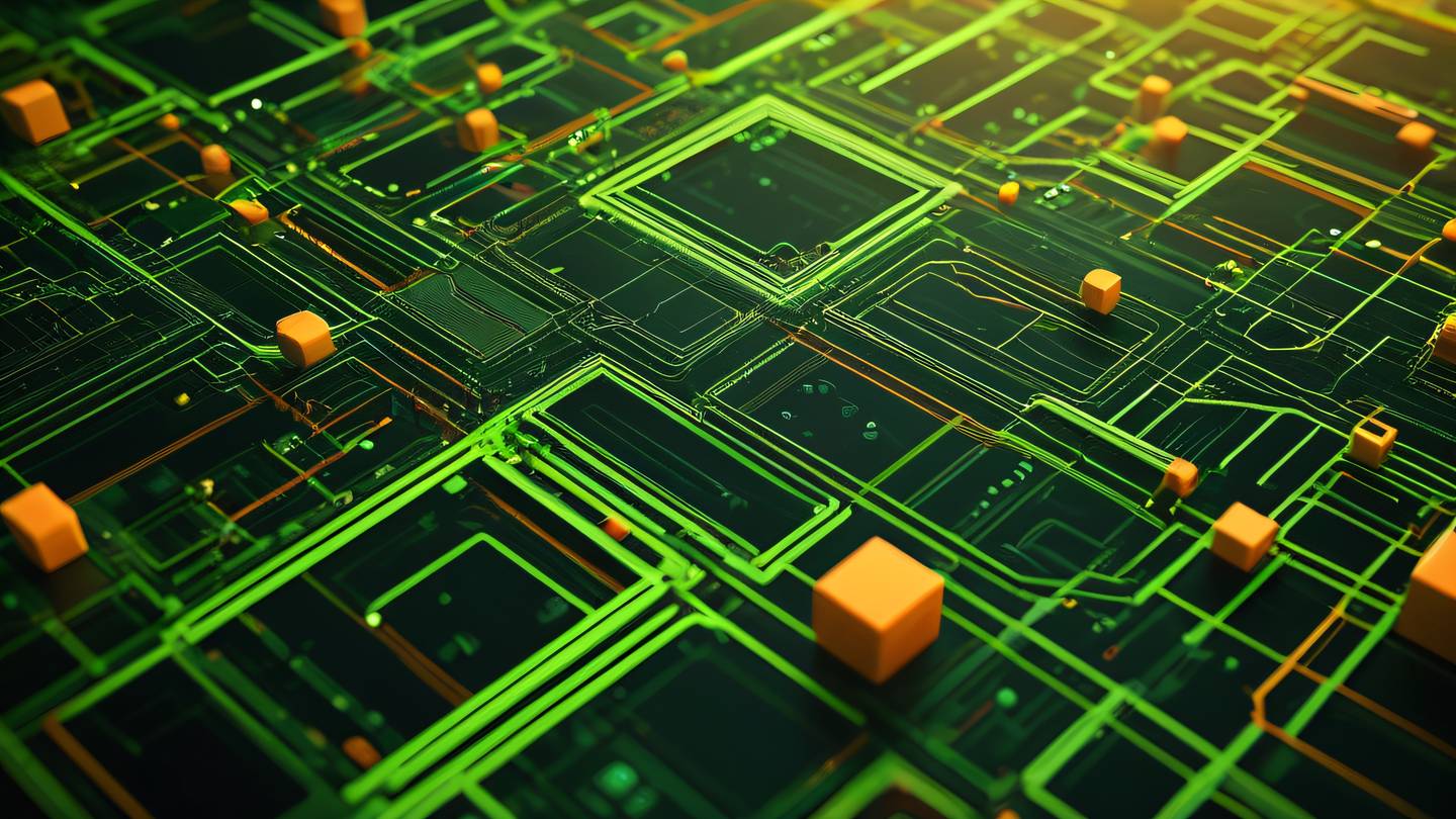 Modern abstract composition of interconnected shapes representing software quality and testing using bright green and orange colors with geometric patterns camera angle: diagonal view high-quality ultra-realistic cinematic 8K UHD high resolution sharp and detail