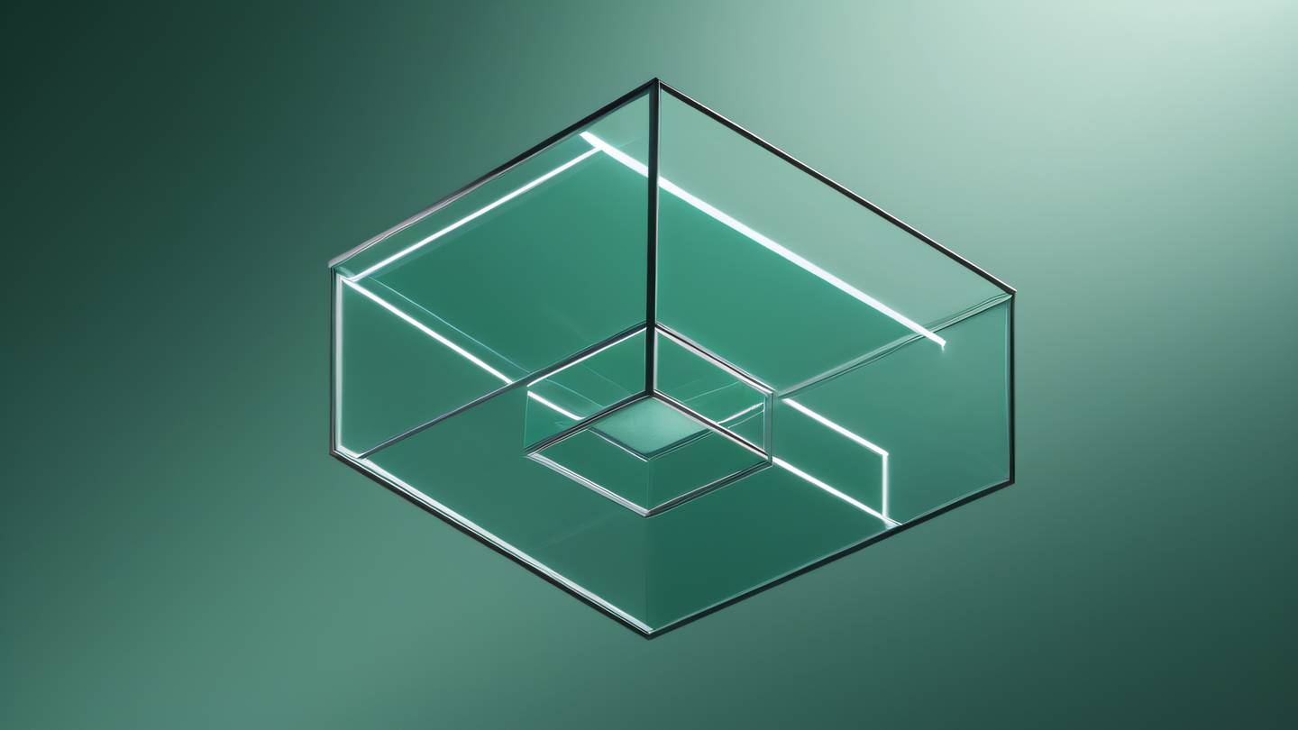 Modern minimalist space art with interconnected geometric shapes floating in void sage green and etched glass colors viewed from diagonal angle high-quality ultra-realistic cinematic 8K UHD high resolution sharp and detail