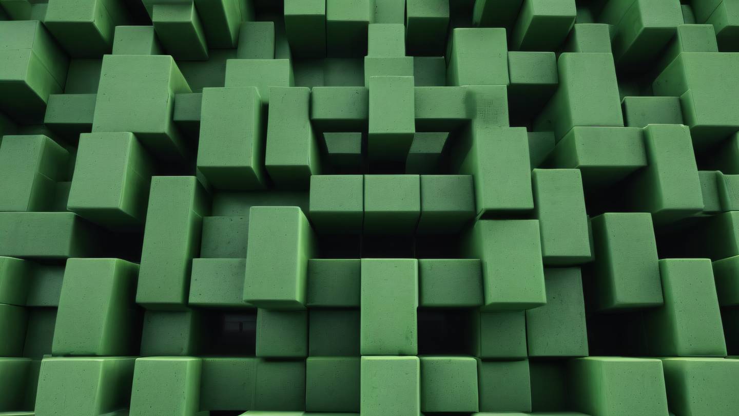 A minimalist abstract geometric sculpture representing interface connections made of bright green and black colored concrete blocks interconnected in a modular pattern viewed from a low angle perspective high-quality ultra-realistic cinematic 8K UHD high resolution sharp and detail