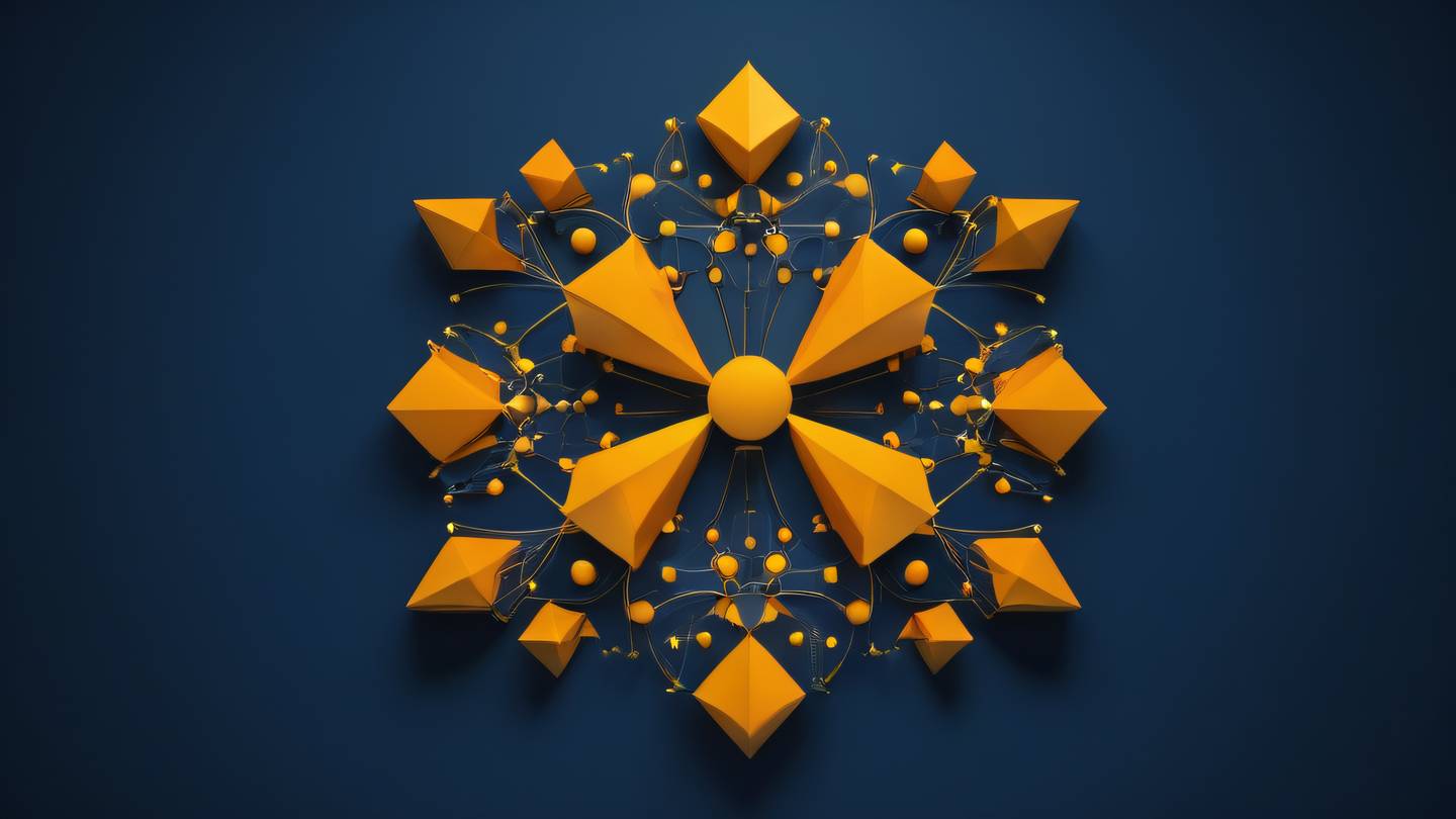 A metaphysical abstract composition showing mirrors reflecting infinite patterns with floating geometric shapes in minimal yellow and bright orange tones against a deep blue background captured from a top-down perspective high-quality ultra-realistic cinematic 8K UHD high resolution sharp and detail