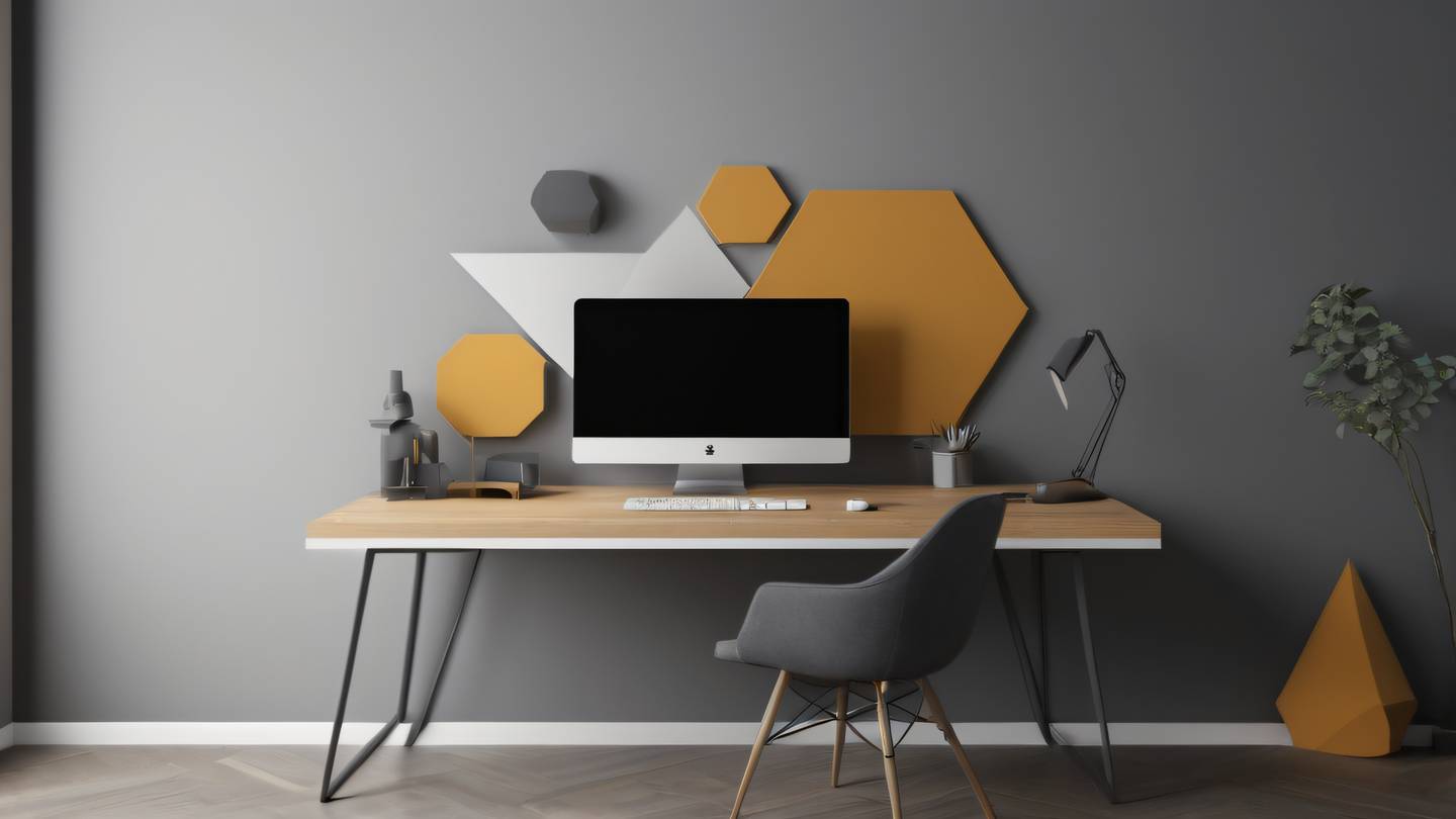 A modern minimalist workspace setup with floating geometric shapes rendered in shades of warm grey and ochre straight-on camera angle high-quality ultra-realistic cinematic 8K UHD high resolution sharp and detail