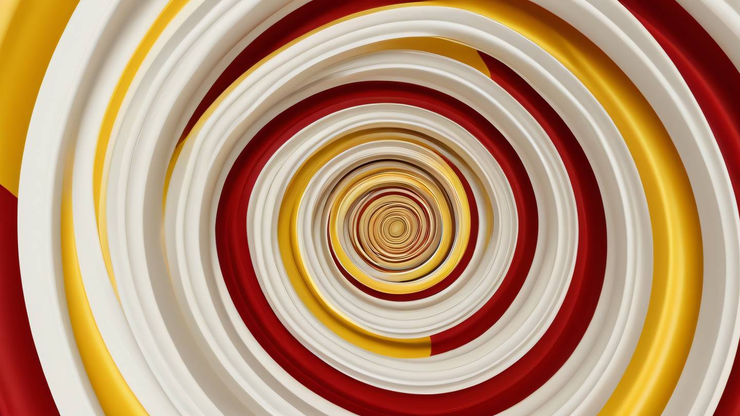 Abstract flowing lines forming a spiral pattern in bright golden yellow and deep red tones against an off-white background photographed from above high-quality ultra-realistic cinematic 8K UHD high resolution sharp and detail