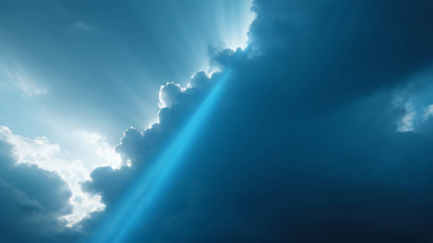 Dynamic light rays breaking through clouds in bright cyan and electric blue colors shot from a low angle perspective high-quality ultra-realistic cinematic 8K UHD high resolution sharp and detail