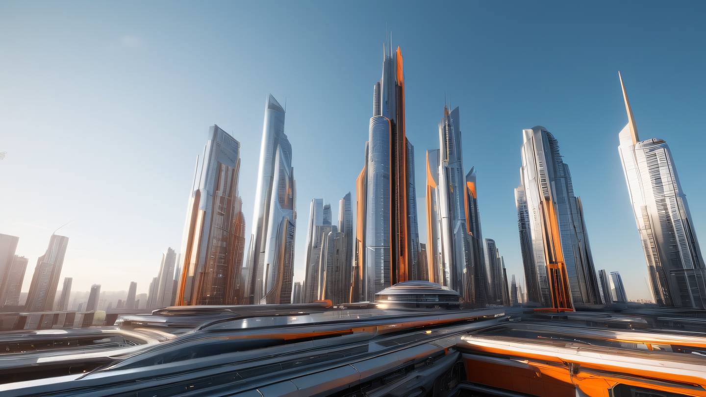 Futuristic cityscape with sleek architectural elements in metallic silver and bright orange tones against a clear sky wide-angle camera perspective high-quality ultra-realistic cinematic 8K UHD high resolution sharp and detail