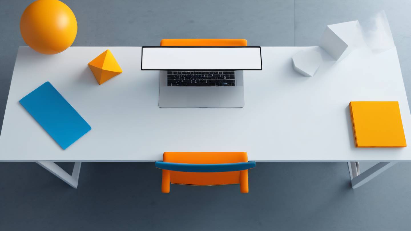 A minimalist modern workspace with floating geometric shapes in bright orange yellow and blue tones captured from a top-down perspective high-quality ultra-realistic cinematic 8K UHD high resolution sharp and detail