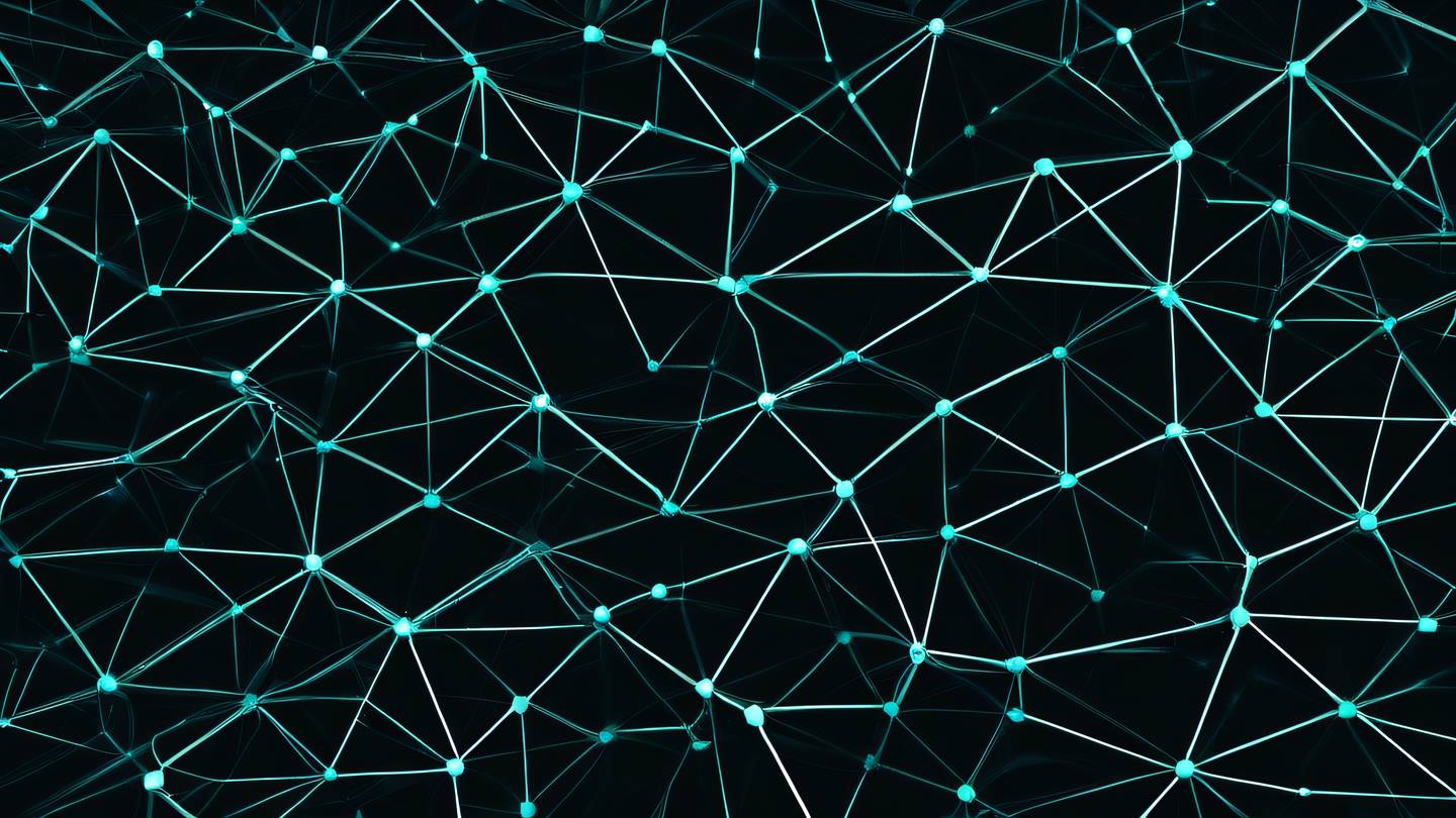 A minimalist geometric pattern representing interconnected paths and nodes with bright teal and white colors against a black background viewed from a top-down perspective high-quality ultra-realistic cinematic 8K UHD high resolution sharp and detail
