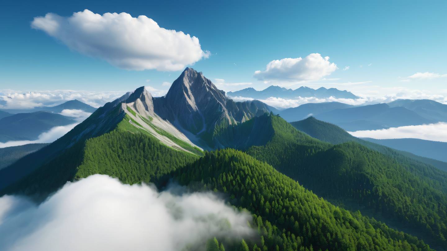 A serene landscape featuring geometric mountain shapes with bright forest green peaks against a clear sky blue background with subtle cloud formations captured from an aerial perspective high-quality ultra-realistic cinematic 8K UHD high resolution sharp and detail