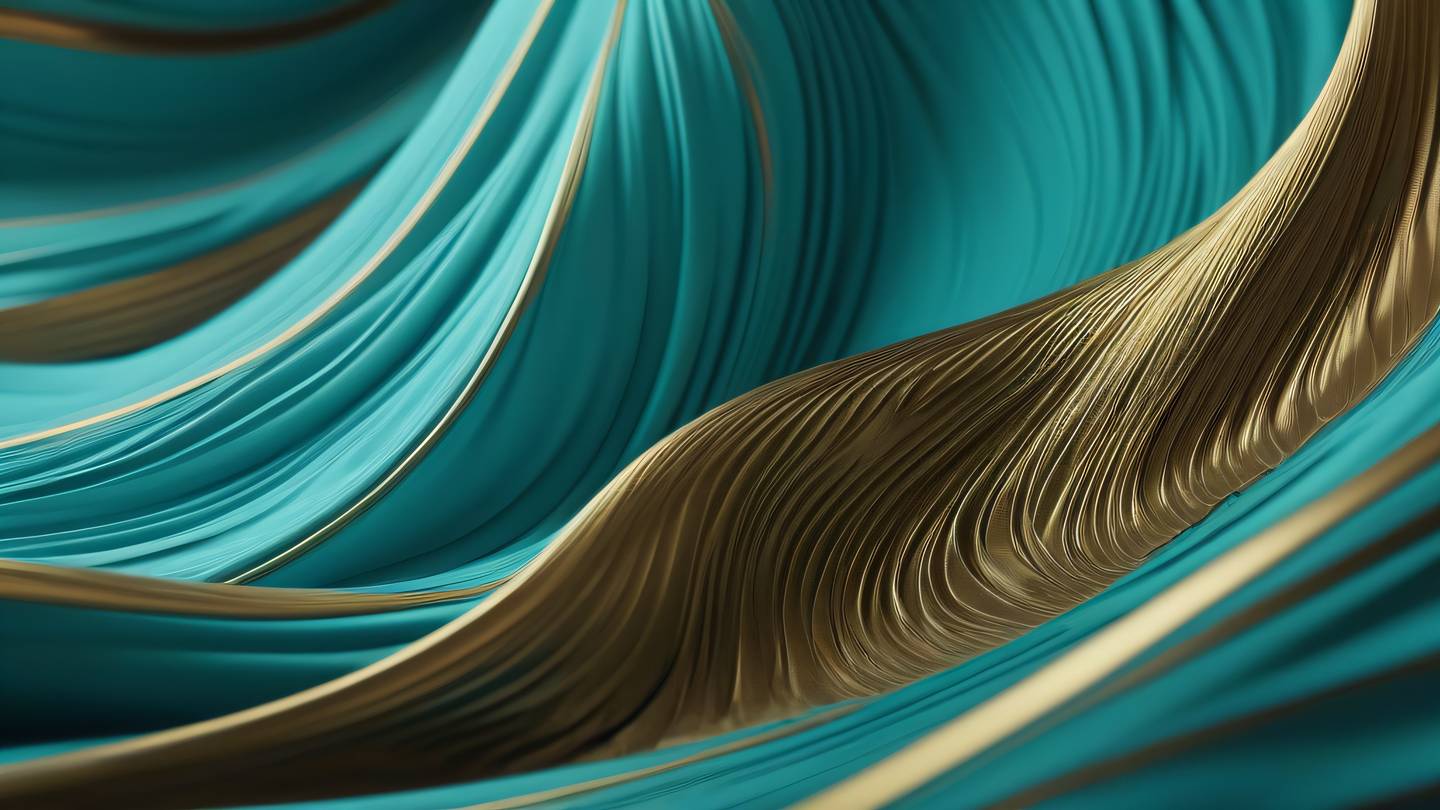 Flowing fabric-like waves of cyan and brass colors intertwined in an abstract pattern shot from a diagonal angle featuring organic shapes and movement high-quality ultra-realistic cinematic 8K UHD high resolution sharp and detail