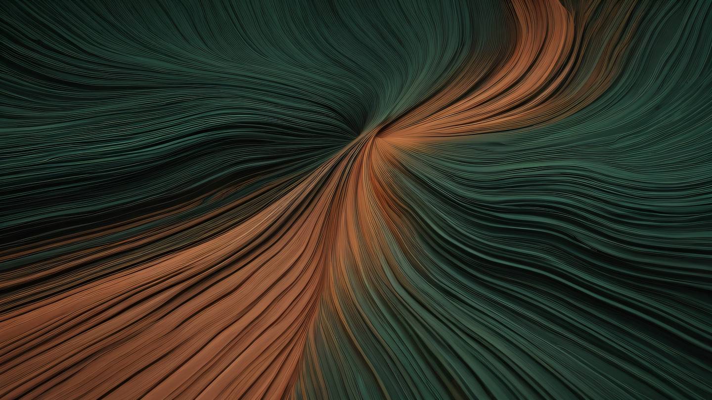 Abstract flowing patterns of dark forest green and rustic terracotta resembling data streams and memory allocation patterns captured from a 45-degree angle featuring organic brush stroke textures high-quality ultra-realistic cinematic 8K UHD high resolution sharp and detail