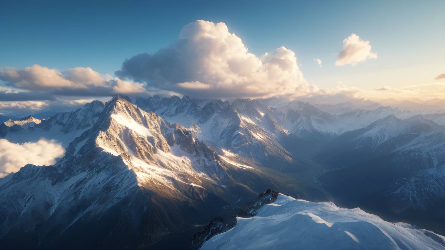 A serene mountain landscape with dramatic clouds showing interconnected peaks representing dependencies captured from an aerial perspective. Colors: Brilliant white clouds against baby blue sky with golden sunlight illuminating mountain peaks. Style: high-quality ultra-realistic cinematic 8K UHD high resolution sharp and detail