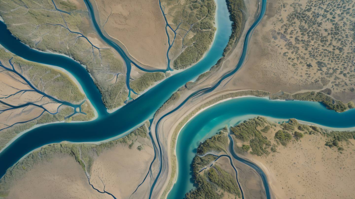 Aerial top-down view of a naturally forming river delta system branching out in multiple directions showcasing in breezeway blue and etched glass colors against a sandy backdrop captured from directly above high-quality ultra-realistic cinematic 8K UHD high resolution sharp and detail