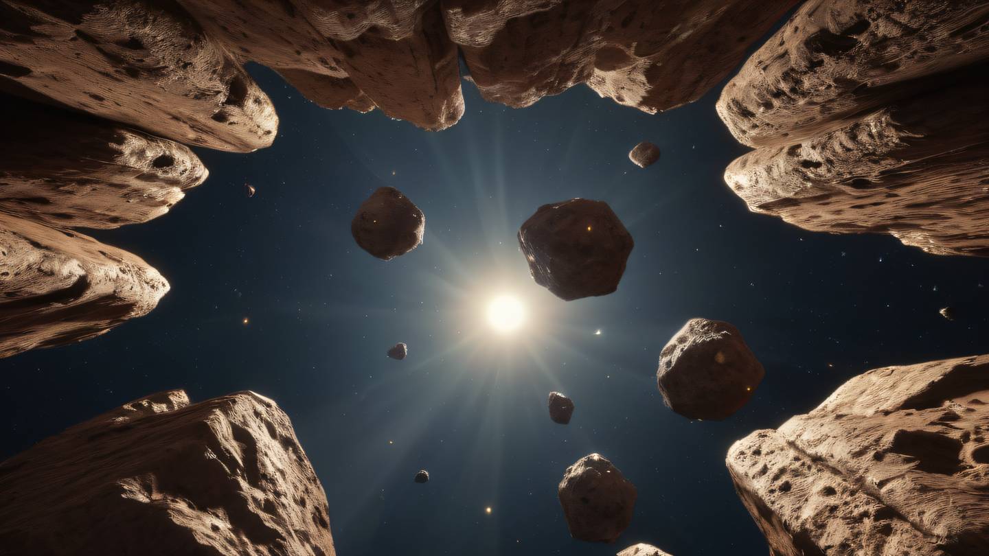 Rocky asteroids floating in a precise geometric arrangement illuminated by distant light rendered in sun-washed brick and walnut colors photographed from a low angle perspective looking upward high-quality ultra-realistic cinematic 8K UHD high resolution sharp and detail