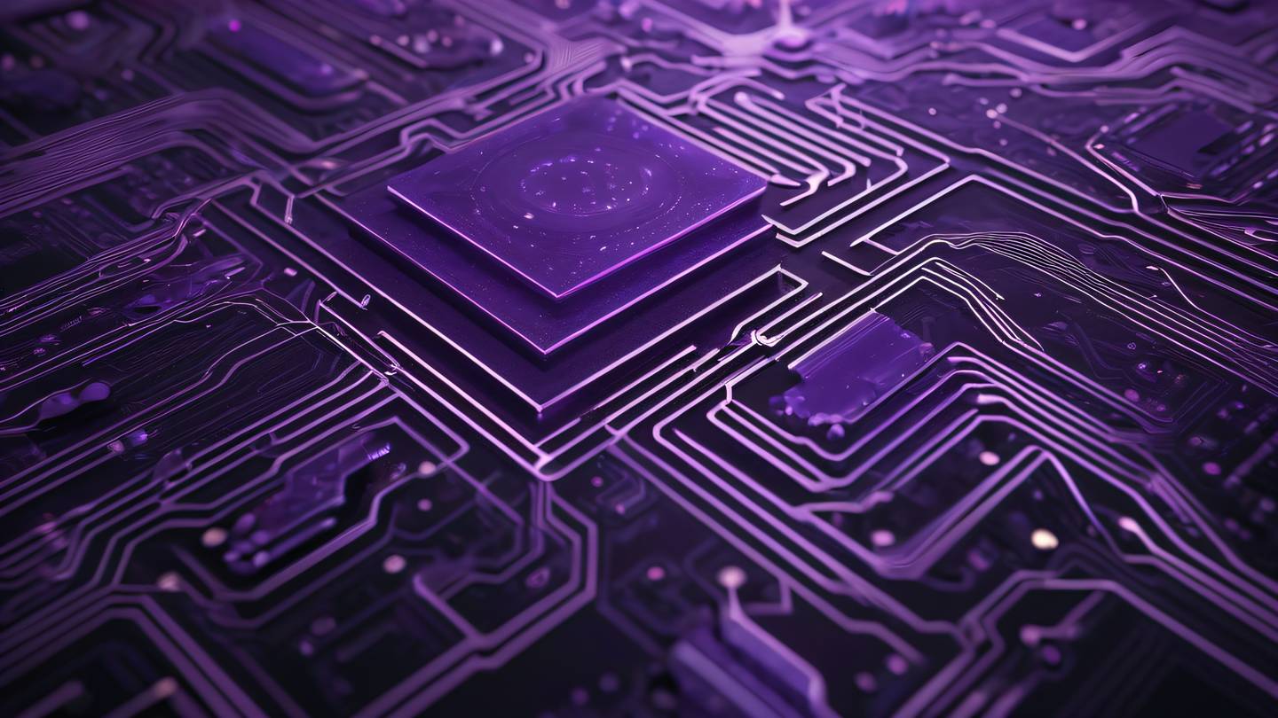 Abstract geometric patterns resembling circuit boards and data flows featuring amethyst and gray colors with subtle light effects captured from a 45-degree angle high-quality ultra-realistic cinematic 8K UHD high resolution sharp and detail