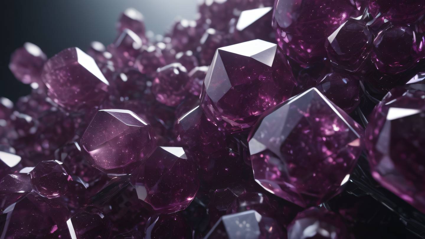 Abstract crystalline structures and geometric shapes symbolizing structure and organization featuring gem-like plum and gray colors with bright highlights shot from a dramatic low angle high-quality ultra-realistic cinematic 8K UHD high resolution sharp and detail