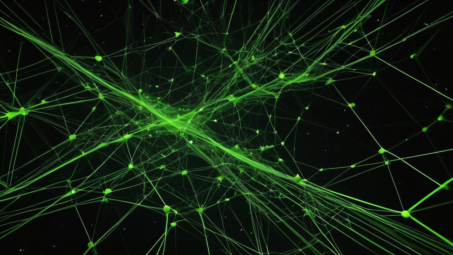 An abstract network of interconnected nodes and pathways floating in space using bright lime green colors against black background capturing a sense of depth with a wide-angle perspective high-quality ultra-realistic cinematic 8K UHD high resolution sharp and detail