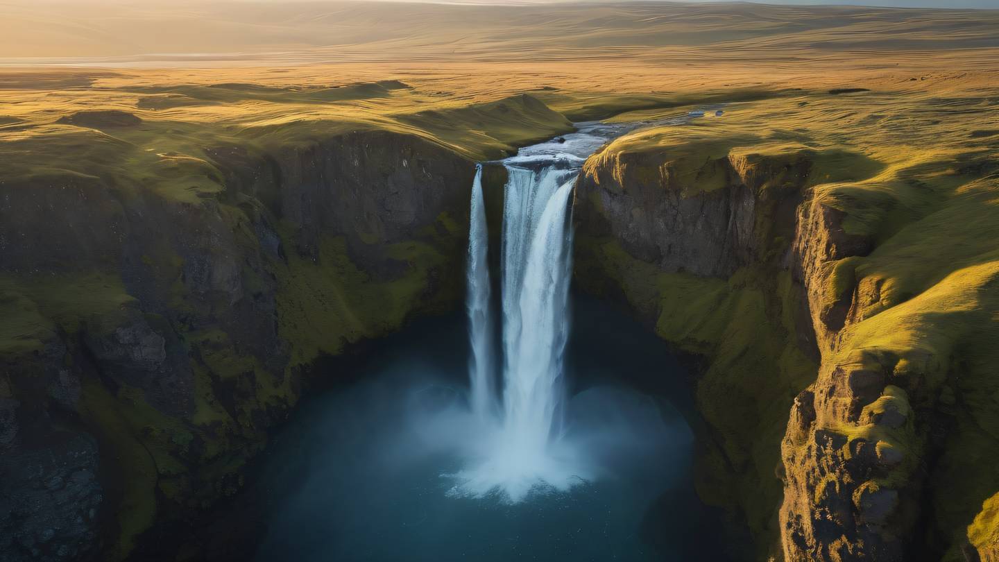 A pristine Icelandic waterfall cascading over geometric crystal formations with warm neutral tones and golden sunlight filtering through mist captured from an aerial perspective high-quality ultra-realistic cinematic 8K UHD high resolution sharp and detail