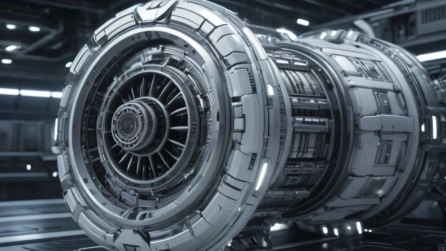 A futuristic spaceship engine core glowing with bright silver and white energy surrounded by geometric mechanical structures in metallic silver tones photographed from a side angle with strong depth of field high-quality ultra-realistic cinematic 8K UHD high resolution sharp and detail