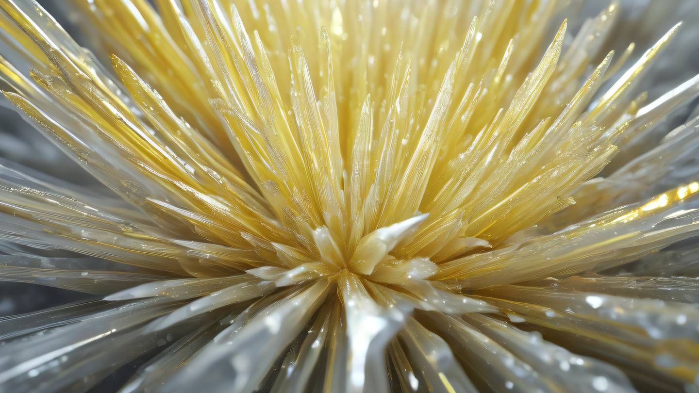 A close-up of crystalline formations with light refracting through them creating a pattern of bright yellow and white rays against a pale silver background shot from a macro perspective high-quality ultra-realistic cinematic 8K UHD high resolution sharp and detail