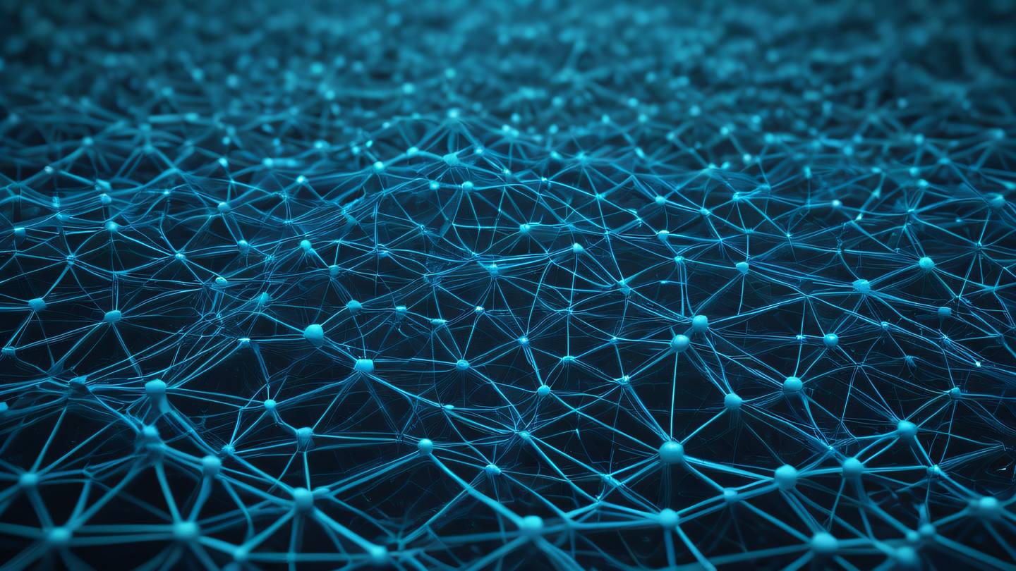 Geometric network of interconnected nodes forming a mesh pattern rendered in bright blue and stone colors viewed from an isometric angle high-quality ultra-realistic cinematic 8K UHD high resolution sharp and detail