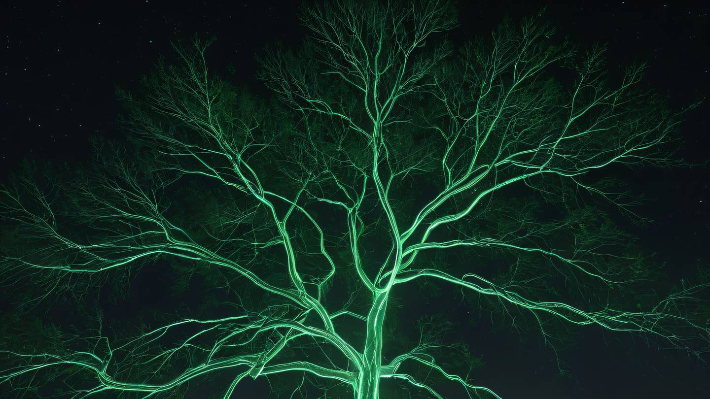 Abstract visualization of a tree structure branching out against a night sky rendered in fluorescent green and white colors captured from a low angle perspective looking up high-quality ultra-realistic cinematic 8K UHD high resolution sharp and detail